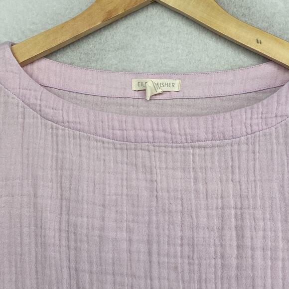 EILEEN FISHER Top XS Organic Cotton Crinkle Gauze Fringed 3/4 Sleeve Pink - Picture 4 of 12
